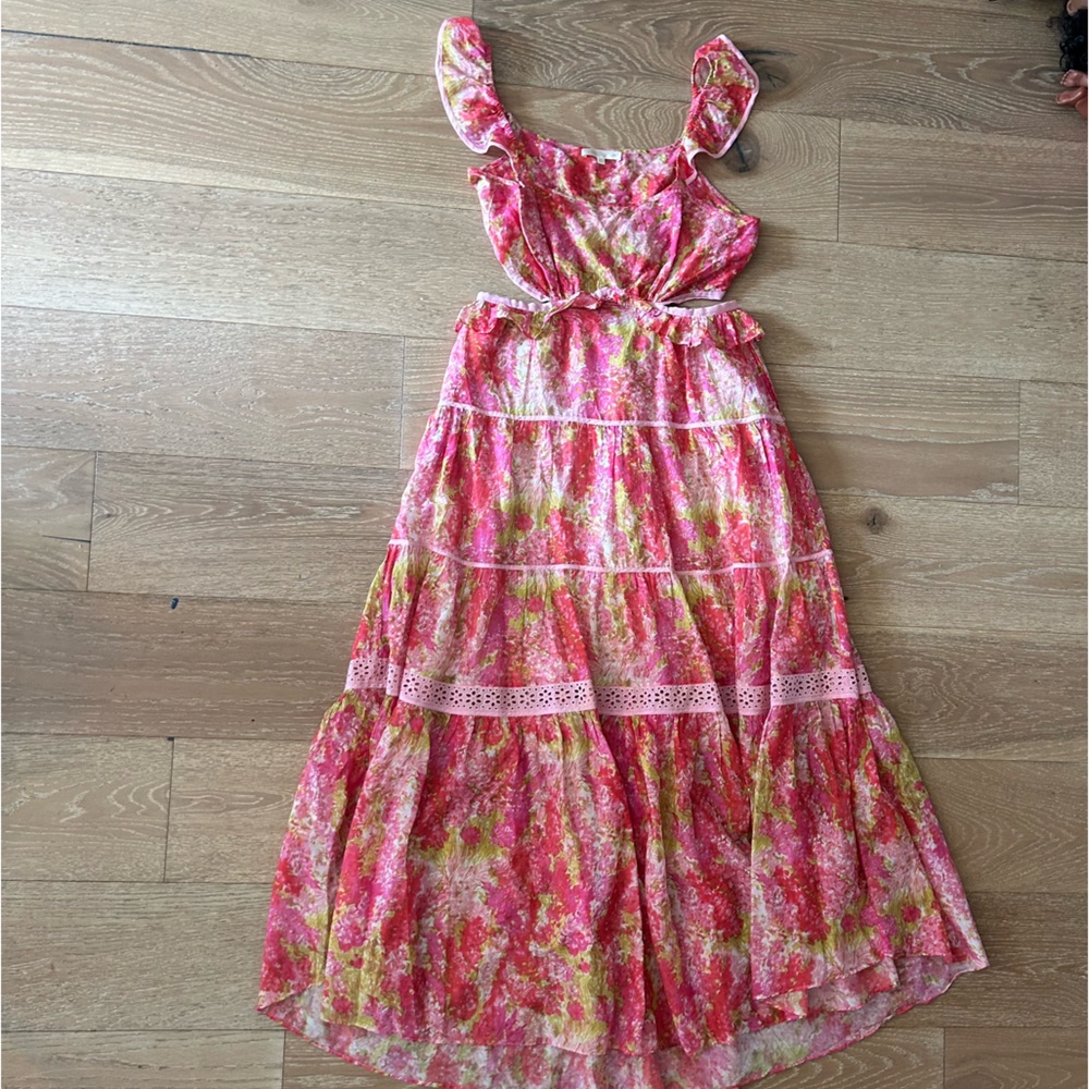 LoveShackFancy Madsen Floral Cutout Maxi Dress Pink Orange Tiered Cotton Silk L - Picture 8 of 12